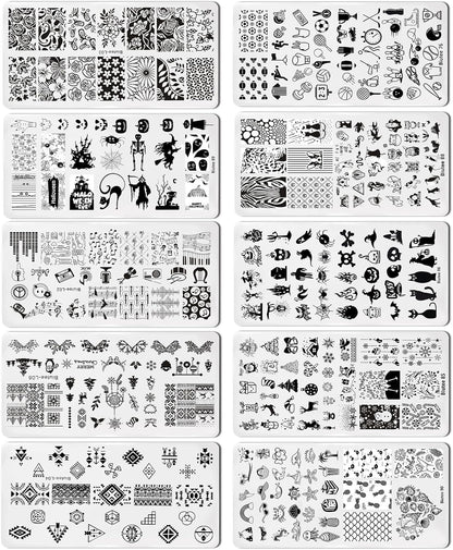 Biutee Nail Stamping Kit – 10 Plates & 8 Gel Polish, French & Halloween Designs