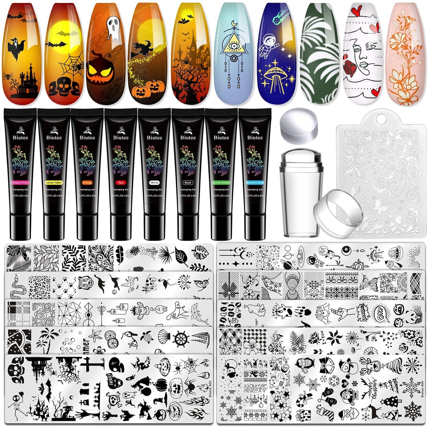 BIUTEE Nail Stamping Kit 21 PCS – 8 Gel Colors, 10 Plates, Starry Sky, Flower & Animal Designs