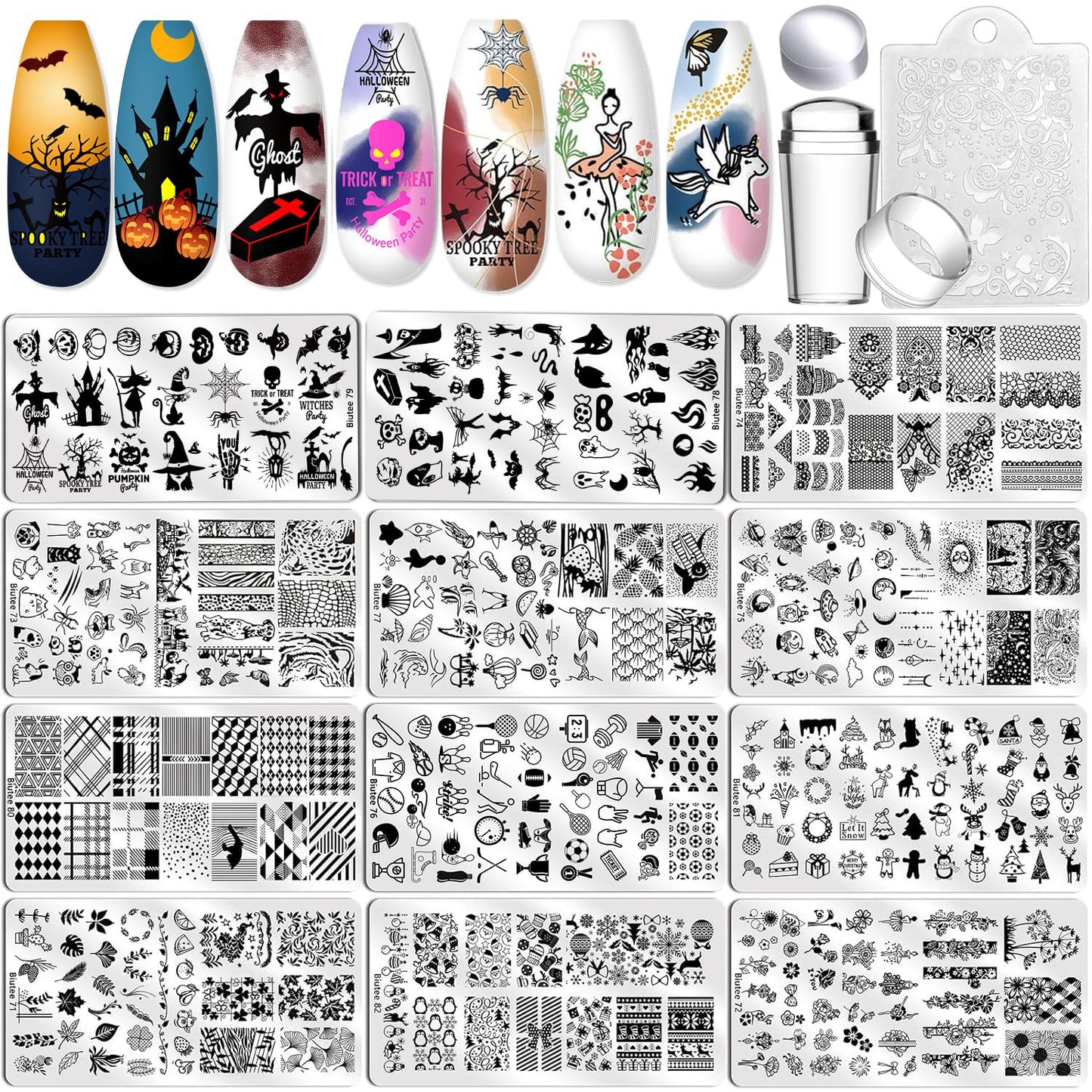 BIUTEE 12-Piece Nail Stamping Plate Set – Includes Floral, Animal, Lace, Star, Halloween & Christmas Designs