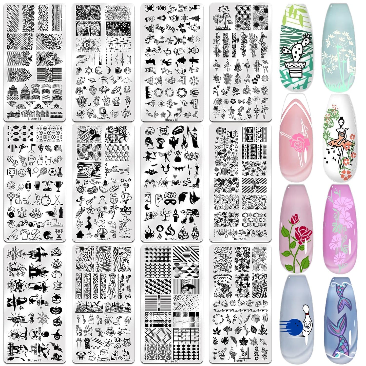 BIUTEE 12-Piece Nail Stamping Plate Set – Includes Floral, Animal, Lace, Star, Halloween & Christmas Designs