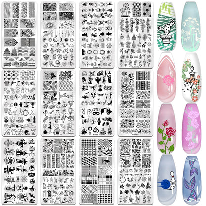 BIUTEE 12-Piece Nail Stamping Plate Set – Includes Floral, Animal, Lace, Star, Halloween & Christmas Designs