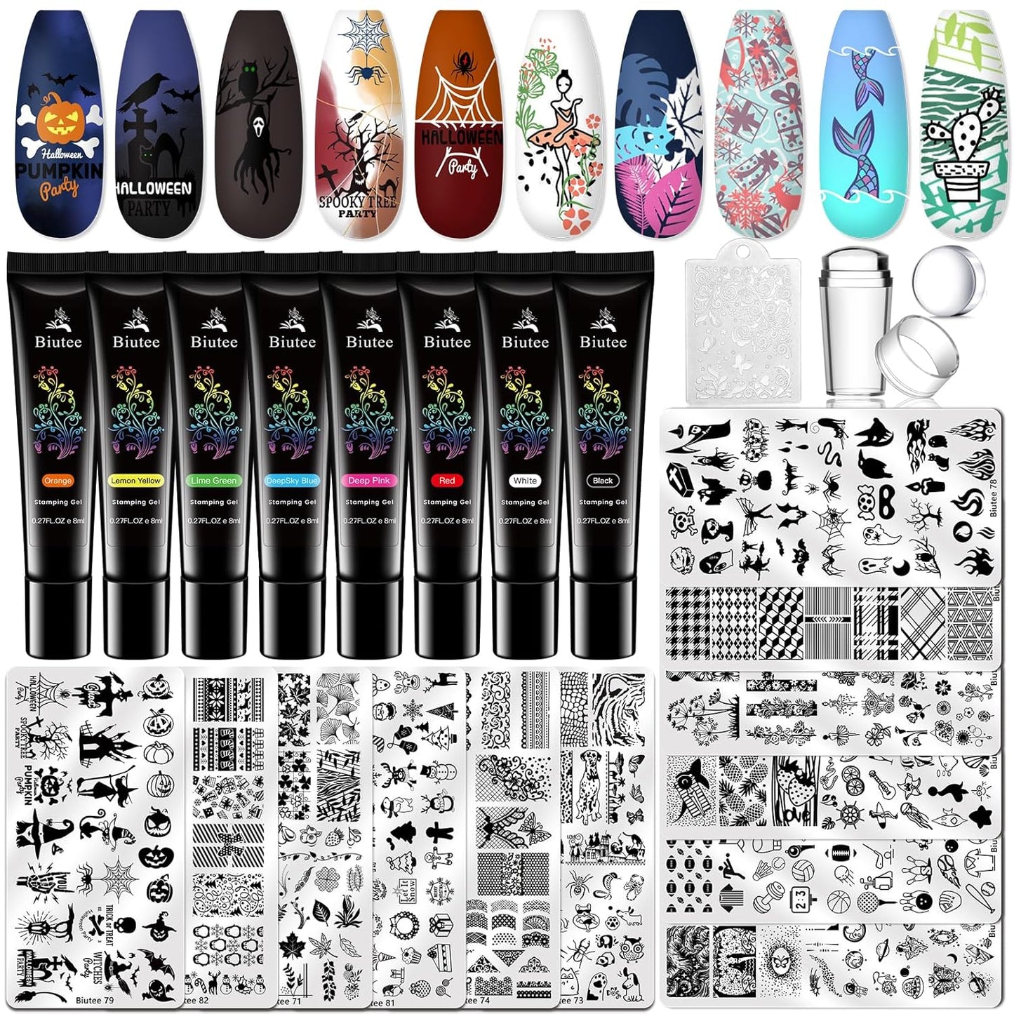 BIUTEE Nail Stamper Kit – 8 Gel Polishes, 12 Plates, Jelly Stamper & Halloween Designs