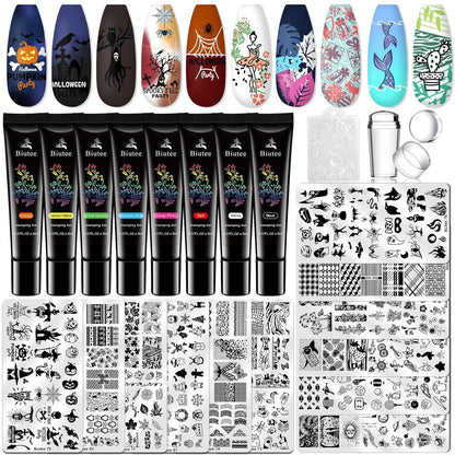 BIUTEE Nail Stamper Kit – 8 Gel Polishes, 12 Plates, Jelly Stamper & Halloween Designs