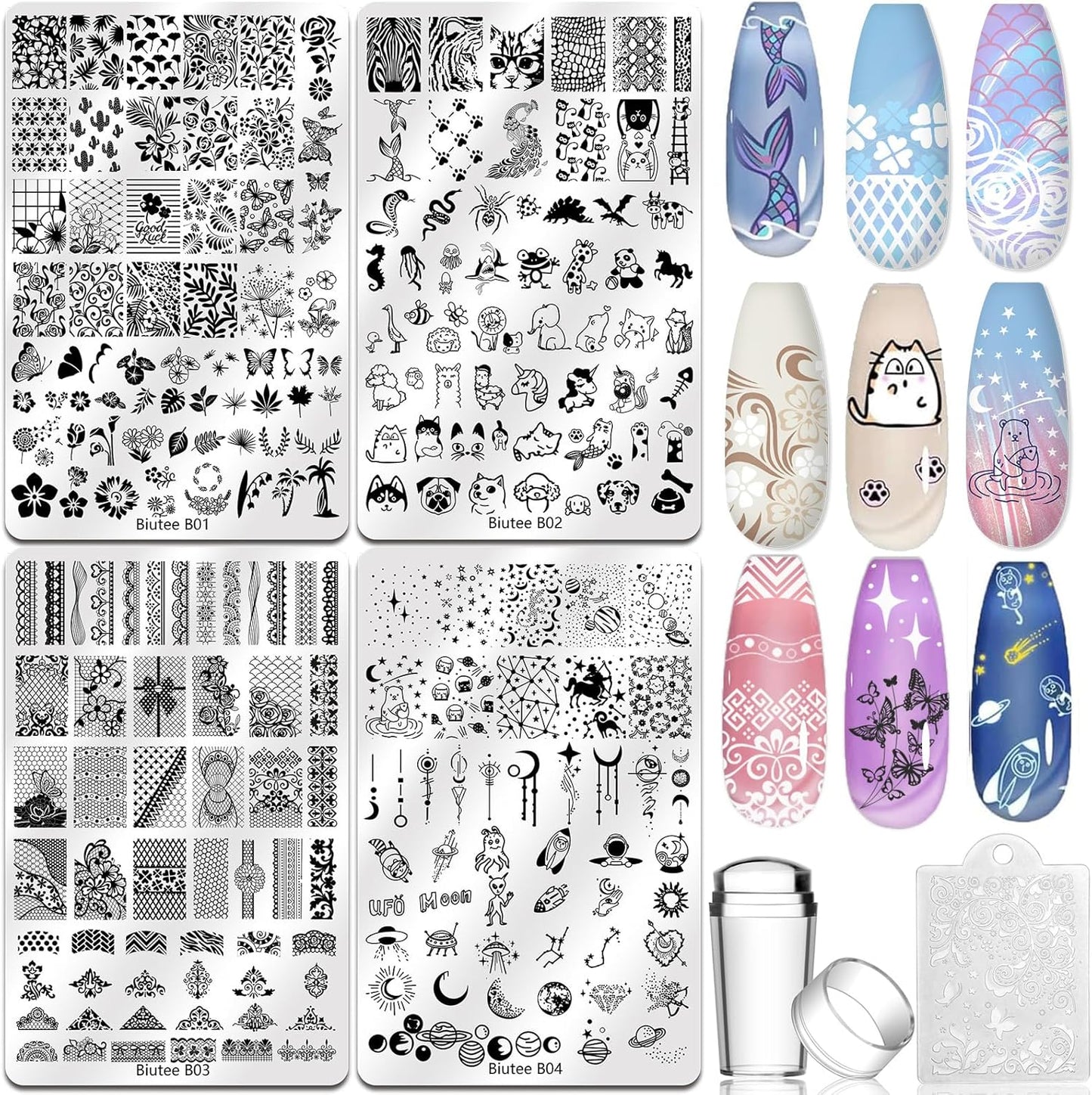 Biutee 4PCS Nail Stamping Plates Set for DIY Manicure