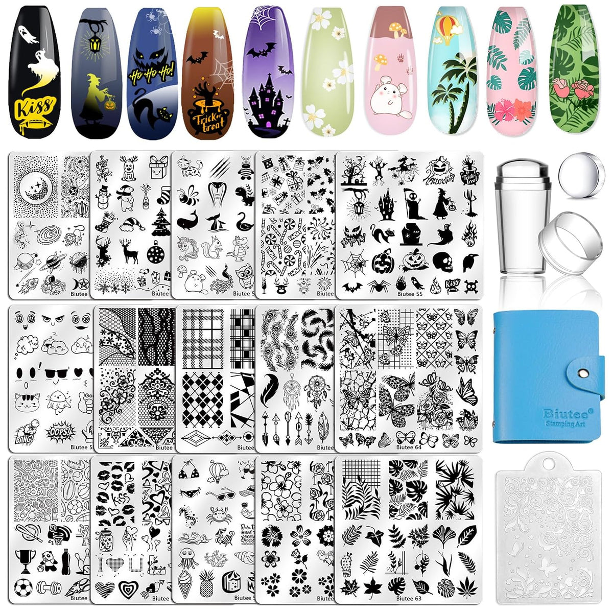 Biutee Nail Stamping Plates Set 15PCS Nail Stamping Kit with Nail Stamper