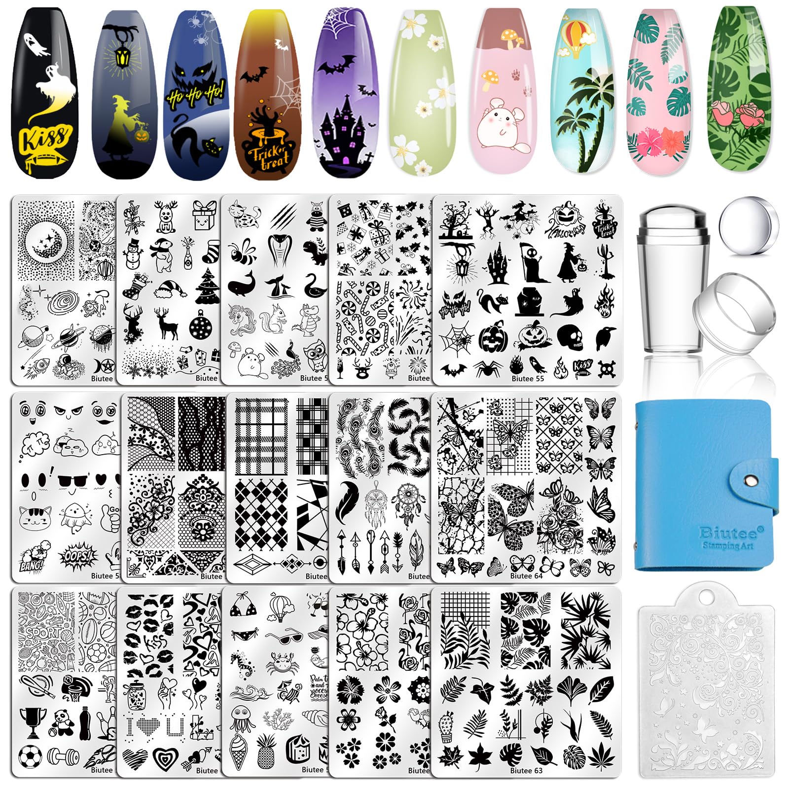 Biutee Nail Stamp Plates 16PCS Nail Stamping Kit 8 Nail Stamping Gel Polish